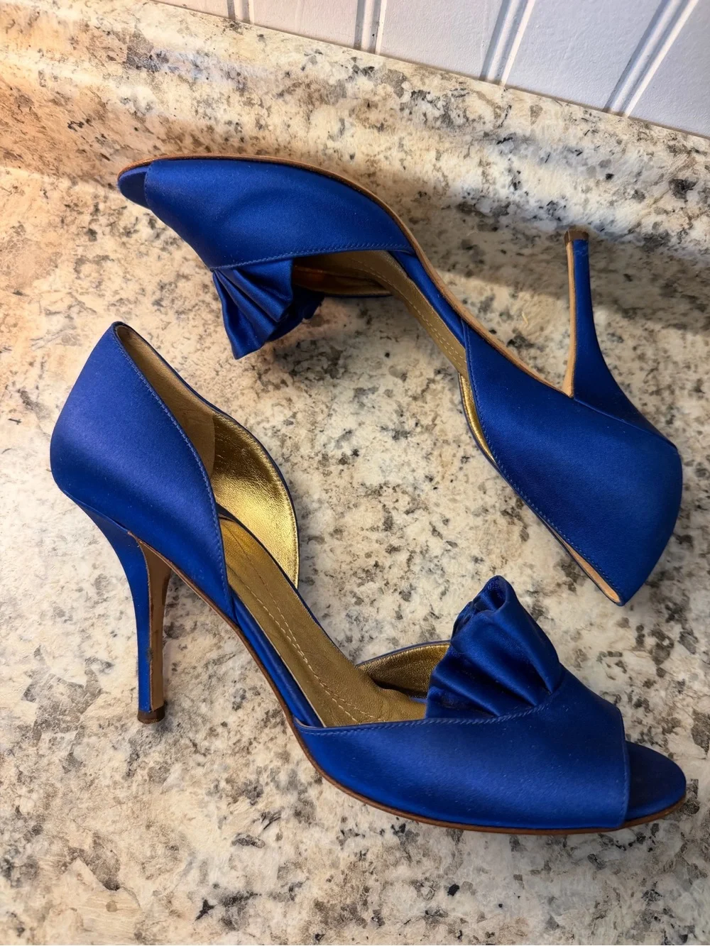 kate spade cobalt blue satin peep-toe heels with ruffle wedding royal prom event